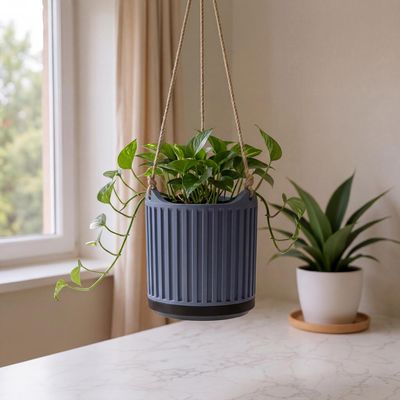 Fluted Hanging Planter with Drainage Tray, Modern Indoor Plant Pot, Boho Minimalist Home Decor – photo 4