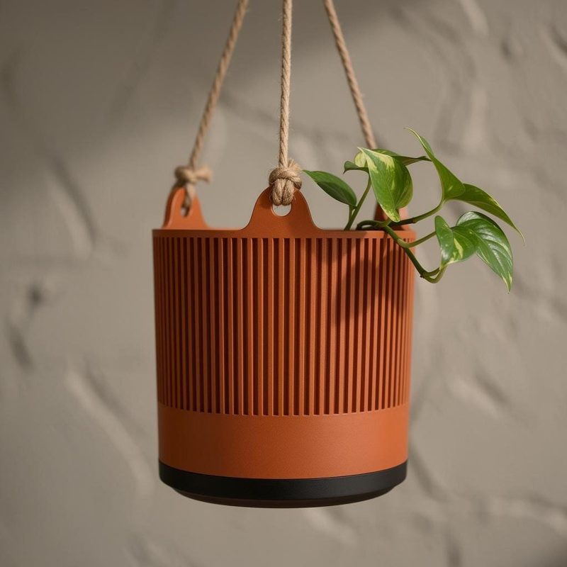 Hanging Planter Indoor with Drainage Saucer, Modern Fluted Plant Pot, Pothos Hanger, Housewarming Gift
