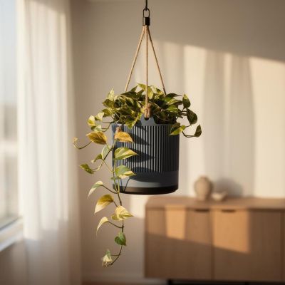 Hanging Planter Indoor with Drainage Saucer, Modern Fluted Plant Pot, Pothos Hanger, Housewarming Gift – photo 3