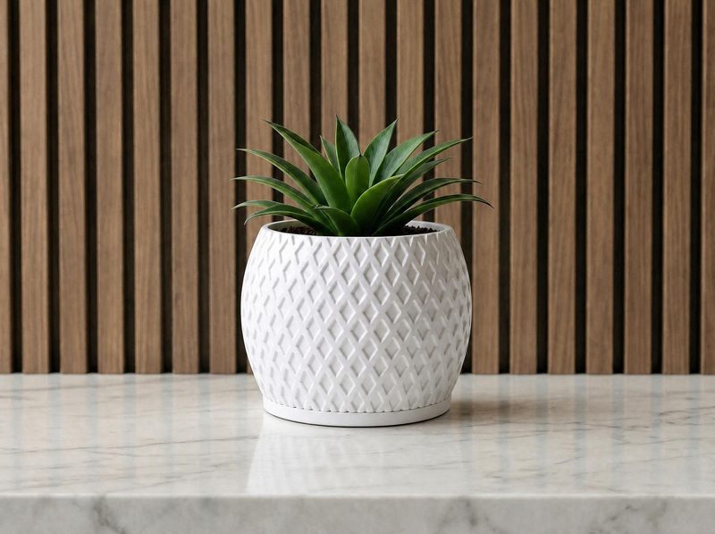 Modern Indoor Planter Pot with Drainage, Diamond Textured White Plant Pot, Geometric Home Decor Gift