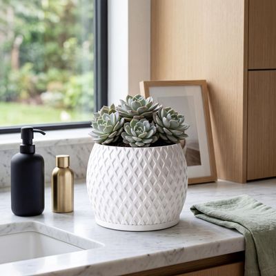 Modern Indoor Planter Pot with Drainage, Diamond Textured White Plant Pot, Geometric Home Decor Gift – photo 4