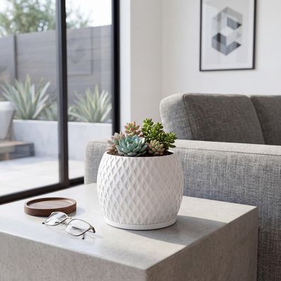 Modern Indoor Planter Pot with Drainage, Diamond Textured White Plant Pot, Geometric Home Decor Gift – photo 10