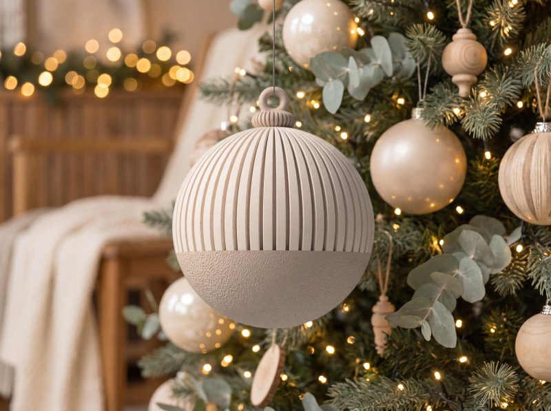 Japandi Christmas Ornament, Modern Ribbed Christmas Decor, Neutral Matte Tree Ornament, Minimalist Holiday Decor