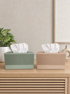Modern Ribbed Tissue Box Cover, Fluted Rectangular Kleenex Holder, Minimalist Home Decor, Japandi, Sage Green Charcoal Beige – photo 2