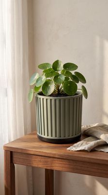 Ribbed Planter with Drainage Tray, Modern Fluted Plant Pot, Sage Green Indoor Planter, Housewarming Gift – photo 1