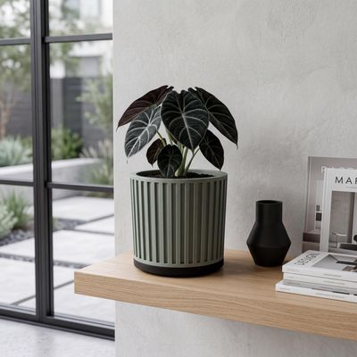 Ribbed Planter with Drainage Tray, Modern Fluted Plant Pot, Sage Green Indoor Planter, Housewarming Gift – photo 5