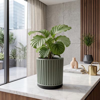 Ribbed Planter with Drainage Tray, Modern Fluted Plant Pot, Sage Green Indoor Planter, Housewarming Gift – photo 6