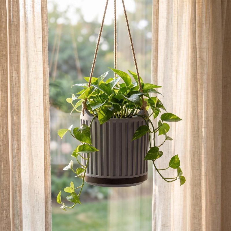 Fluted Hanging Planter with Drainage Tray, Modern Indoor Plant Pot, Boho Minimalist Home Decor