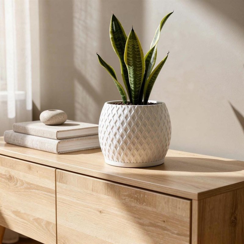 Modern Indoor Planter Pot with Drainage, Diamond Textured White Plant Pot, Geometric Home Decor Gift